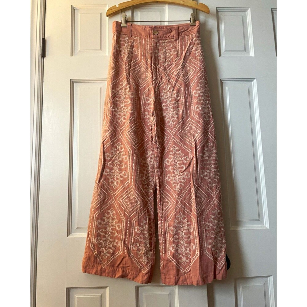 Joie Whimsy Geo Embroidered Wide Leg Rayon Linen Pants Pink Size 6 M Boho